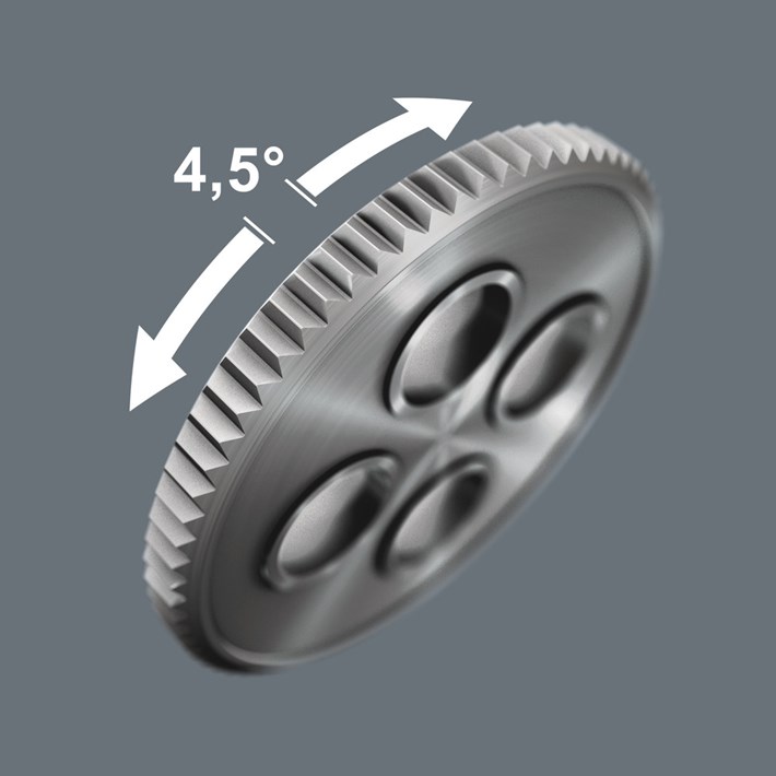 <b>Fijne vertanding</b><br/>De Zyklop VDE ratel heeft een terughaalhoek van slechts 4,5° dankzij een fijne vertanding (80 tanden).